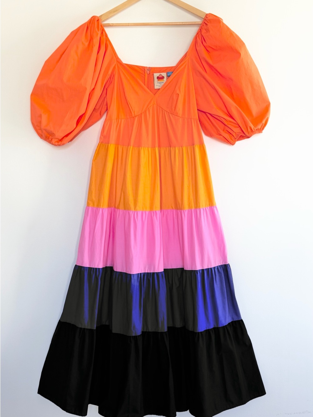FARM Rio x Anthropologie Tiered Colorblock Maxi Dress Puff Sleeve S NWT